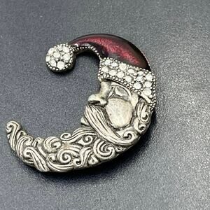Vintage Silver Tone Pewter Jeweled Crescent Moon Santa‎ Claus Christmas 
Brooch